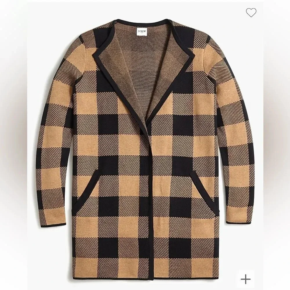 NWT J.Crew Vanessa sweater-jacket in black and brown buffalo check size Medium